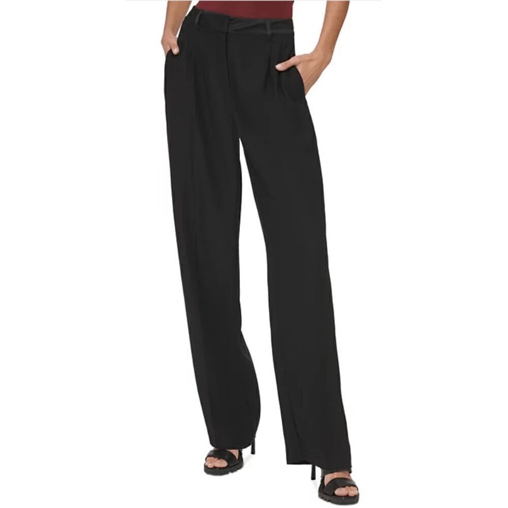 Dkny Women's Mixed-Media Wide-Leg Satin Trim Waist Pants 16